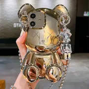 Cute Case for iPhone 11 6.1', 3D Cartoon case Gold Teddy Bear Sparkle Bling Cover with Metal Chain Strap Bell Pendant, Fashion Plating Soft TPU Shock