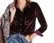 Splendid M Velvet Top Moonstone Button Front Shirt Long Sleeve Deep Purple NWT