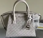 Michael Kors Avril Small Top Zip Satchel Crossbody Light Cream MK Signature NEW