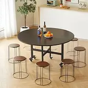 [RUNNUP] Drop Leaf Dining Table Modern Wooden Foldable Kitchen Table with 6 Wheels Folding Dining Table - Walnut 63" L x 63" W x 29.5" H Without Chairs