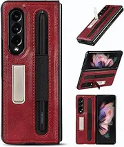 Cavor for Samsung Galaxy Z Fold3 5G 7.6'' Case Crazy Horse Leather Back Cover with S-Pen Pocket, Z Fold 3 Case with S Pen Holder and Kickstand Shockproof Protective Phone Cases-Red