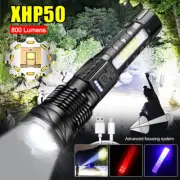 USB Rechargeable P50 LED Flashlight 800LM Side Red Blue Light Zoom Torch 1500m