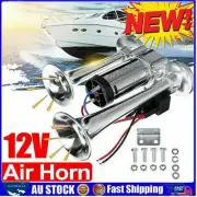 "Super Loud 12V Air Horn Dual Trumpets Kit for Trucks, Trains, and More!"