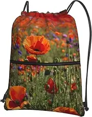 EdWal Poppy Flowers Print Drawstring Backpack Gym Bags Sports Bags With Zipper Pocket For Travel Beach, Black, One Size
