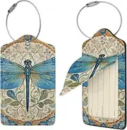 [STVYUKL] Hand Painted Blue Dragonfly Luggage Tags 4 Pcs for Suitcase Waterproof Leather Suitcase Tags Privacy Cover Name Id Label and Metal Loop Baggage Tags for Women Men Travel