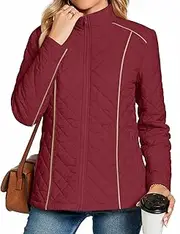 [Anyhold] Women's Lightweight Full Zip Jacket Diamond Quilted Coat Long Sleeve Stand Collar Trendy Winter Coat with Pockets