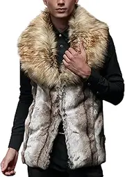 [Qolkmuiy-GJ] Men's Winter Warm Faux Fur Waistcoat Luxury Fur Collar Jacket Vest Casual Fluffy Windbreaker Sleeveless Outwear