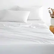 [Wake In Cloud] White Sheet Set, 1000TC Ultra Soft Microfiber, Fitted Sheet & Flat Sheet & 2 Pillowcases (4 pcs, Queen Size)
