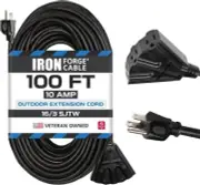 Iron Forge Cable Outdoor Extension Cord 100 Ft 3 Outlets, 16/3 Weatherproof