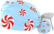 [WOSHJIUK] Working Hat 2 Pack Scrub Caps for Women,Christmas Candy,Tie Back Cap Adjustable Scrub Hat