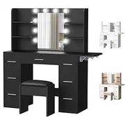 ALFORDSON Vanity Dressing Table Set with LED Mirror, Storage Shelves, Drawers and Stool, Makeup Desk with Extendable Countertop, 132cm, Black Color