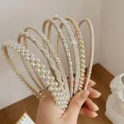 Faux Pearl Headband (various designs) Double Layer - Small Circle Bead & Rice Bead - Pearl White - One Size