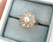 Beautiful Flower Vintage Shell Pearl Women's Wedding Ring Sterling Silver 925