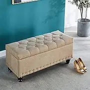 Storage Ottoman Bench Living Room Footstool Entryway Shoes Changing Stool Linen Upholstered Bench Seat End of Bed Bench with Storage(Beige,60x40x45cm)