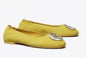 Tory Burch Claire Ballet Flats Safflower Yellow Silver Logo Sz 9 NIB