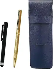 SASL-ALB-6KSBP-K Grain Leather Pen Case Blue Metal Touch Stick Black and Brass Hex Rotating Holi Gold Ballpoint Pen Set