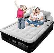 Queen Size Air Mattress,Queen Size Air Mattress with Headboard and Pillows,PVC Waterproof Material,Skin-Friendly Flocking Surface,135 * 190 * 40CM,300KG MAX, Suitable for Family Camping