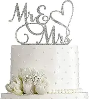 AMINJIE Mr and Mrs Cake Topper, Bride and Groom Sign Wedding/Engagement Cake Toppers Decoration, Silver Glitter Acrylic