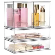 Stackable Storage Drawers Set of 4,Clear Plastic Organizer Bins for Makeup,