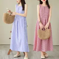 在飛比找蝦皮購物優惠-大尺碼無袖洋裝 圓領格子洋裝 夏季新款森女日系簡約棉麻洋裝