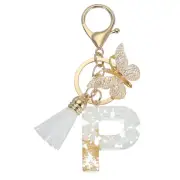 Alphabet P Tassel Butterfly Initial Letter Keychain (Gold Tone/White, Pack of 1)