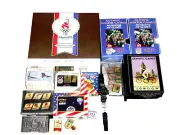 Vtg Olympic Pinback Lot Cards Belt Buckle Plate Pins Playing Cards VHS Watch
