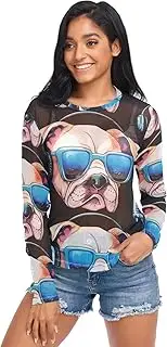 [RPLIFE] Bulldog Sunglasses Black Mesh Shirt Long Sleeve, Long Sleeve Rave Top S-XXL