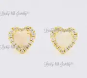14k Yellow Gold Stud Diamond & AAAHeart Australian Opal Earring 1.33 ct