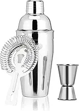 3 Piece Cocktail Shaker Set with Stand, Professional Bartender Kit Featuring Cobble Stone Shaker, Hawthorne Strainer, and Double-Measure Jigger