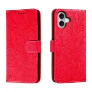 For iPhone 16 Plus Case, PU Leather Floral Lace Cover, Red