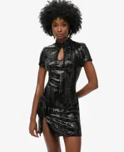 Mandarin Sequin Mini Dress | Black Sequin