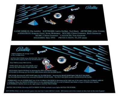 Bally Twilight Zone Pinball Custom Apron Instruction Cards