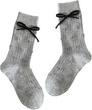 [Generic] 1 Pair Bow Socks Fashion Cute Cotton Crew Socks Casual Calf Sock for Women Daily Supplies, Gray, One Size