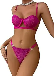 [Lilosy] Sexy Eyelash Underwire Push Up Floral Lace Sheer Lingerie Set Women See Through O Ring Linked Panty Cutout Bra 2 Piece Hot Pink #2 Large
