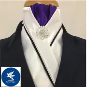HHD White Satin Dressage Stock Tie Purple Silver & Black Piping Free Pin