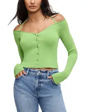 Good American Stretch Rib Knit Off Shoulder Top