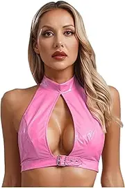 [Hedmy] Women's PU Leather Bustier Halter Neck Backless Crop Tops for Night Club Party Rave Dance Clubwear