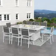 White Breeze Rectangle Fire Table Set with 8 Chairs – White