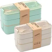 Rarapop 2 Pack Stackable Bento Box Japanese Lunch Box Kit with Spoon & Fork, 3-In-1 Compartment Wheat Straw Meal Prep Containers for Kids & Adults (Green/Beige)