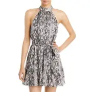 AQUA Ladies Black & White Snakeskin Halter Mini Dress, Waist Tie, Size Small NWT