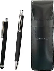 2 Pack Slim Cow Leather Pen Case Black Stylus and Extruded Rubber Shaft Brass Knock Ballpoint Pen Set Black T23-ASB708-HS301B-2