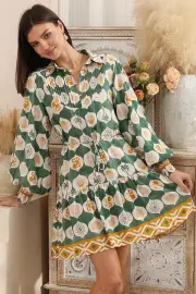 Sophie Mini Dress - Collared Shirt Pintuck Bodice Balloon Sleeve Dress with Waist Tie in Cabana Print