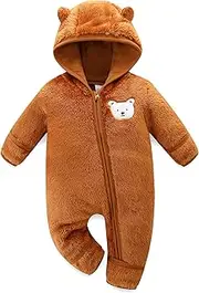 [Hikido] Baby Charming Bear Snowsuit Fleece Lined Onesie Jumpsuit Hooded Warm Cute Costume for 9-12M Brown, Brown