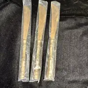 3 New Steak Knives Gold Tone Nickel Bronze Bamboo Thailand Vintage 8”