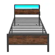 Costway Single Size LED Bed Frame w/Charging Station Heavy Duty Metal Bed Base Platform