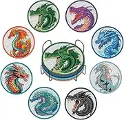 Shcsdr 8 Pcs Dragon Diamond Art Painting Coasters Kits with Holder, DIY Dragon Diamond Art Coasters with Cork Pads, Small Painting Kits for Beginners Kids, Adults