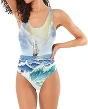 [RPLIFE] Seascape Watercolor Ladies One-Piece Swimsuits, Low Back Bathing Suit, Bathing Suits for Women Tummy Control