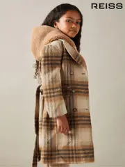 Reiss Brown Maeve 9-13 yrs Checked Wool Blend Blindseam Coat (E27174) | $280