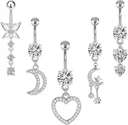 [Niaspi] 5 Pcs Dangle Belly Button Rings 14G CZ Stainless Steel Belly Piercing Jewelry Moon Butterfly Heart Belly Curved Barbell Dainty Body Piercing Jewelry, Stainless Steel, cubic zirconia