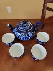 Pier 1 Cobalt Blue Floral Mandarin Tea Set. 1 teapot and lid & 4 matching cups.